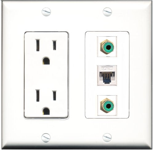 RiteAV - 15 Amp Power Outlet 2 Port RCA Green 1 Port Cat5e Ethernet White Decorative Wall Plate