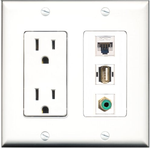 RiteAV - 15 Amp Power Outlet 1 Port RCA Green 1 Port USB A-A 1 Port Cat5e Ethernet White Decorative Wall Plate