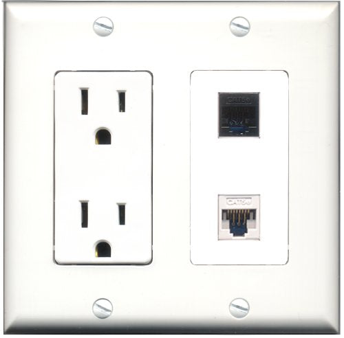 RiteAV - 15 Amp Power Outlet and 1 Port Cat5e Ethernet White and 1 Port Cat5e Ethernet Black Decorative Type Wall Plate White