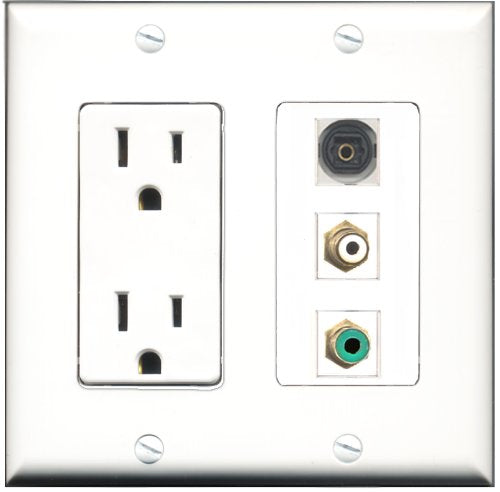 RiteAV - 15 Amp Power Outlet 1 Port RCA White 1 Port RCA Green 1 Port Toslink Decorative Wall Plate