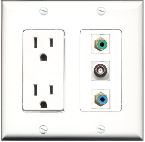 RiteAV - 15 Amp Power Outlet 1 Port RCA Green 1 Port RCA Blue 1 Port BNC Decorative Wall Plate