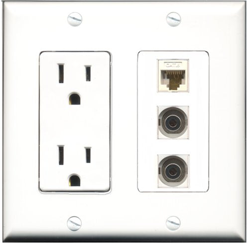 RiteAV - 15 Amp Power Outlet 2 Port 3.5mm 1 Port Cat6 Ethernet Ethernet White Decorative Wall Plate