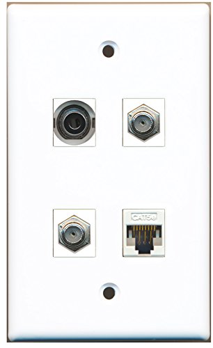 RiteAV - 2 Port Coax Cable TV- F-Type 1 Port 3.5mm 1 Port Cat5e Ethernet White Wall Plate
