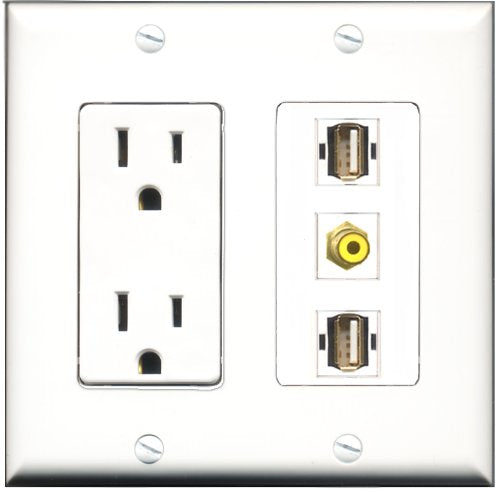 RiteAV - 15 Amp Power Outlet 1 Port RCA Yellow 2 Port USB A-A Decorative Wall Plate