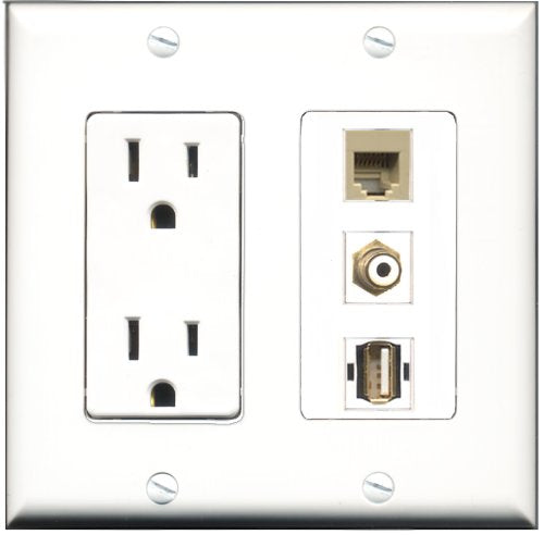 RiteAV - 15 Amp Power Outlet 1 Port RCA White 1 Port USB A-A 1 Port Phone Beige Decorative Wall Plate