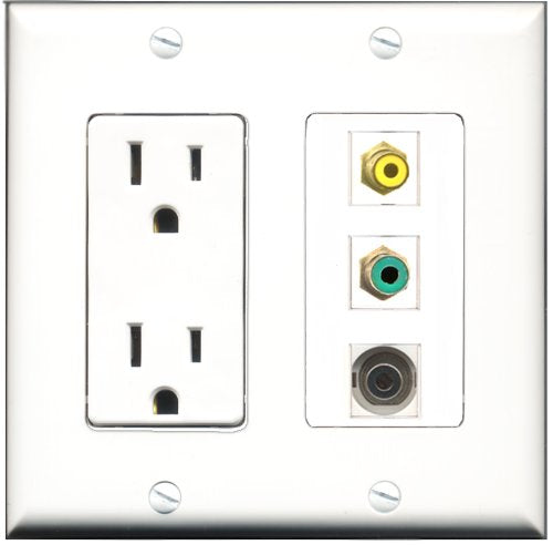 RiteAV - 15 Amp Power Outlet 1 Port RCA Yellow 1 Port RCA Green 1 Port 3.5mm Decorative Wall Plate