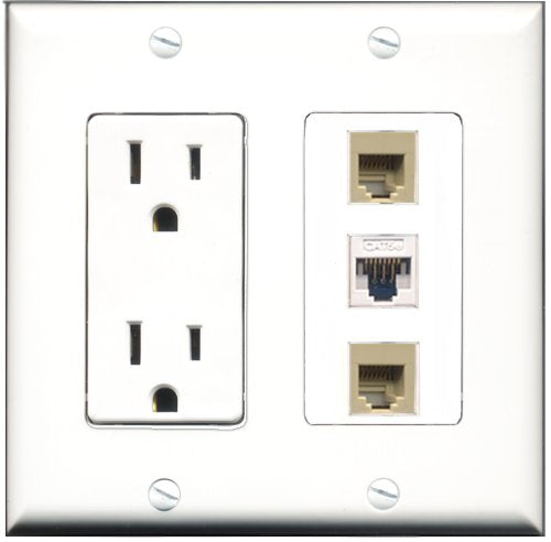 RiteAV - 15 Amp Power Outlet 2 Port Phone Beige 1 Port Cat5e Ethernet White Decorative Wall Plate