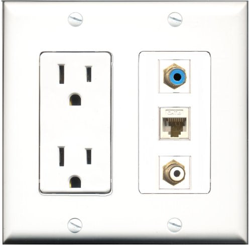 RiteAV - 15 Amp Power Outlet 1 Port RCA White 1 Port RCA Blue 1 Port Cat6 Ethernet Ethernet White Decorative Wall Plate