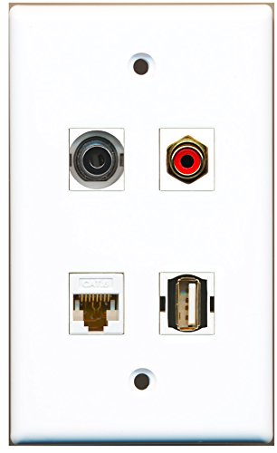 RiteAV - 1 Port RCA Red 1 Port USB A-A 1 Port 3.5mm 1 Port Cat6 Ethernet White Wall Plate