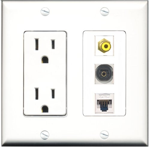 RiteAV - 15 Amp Power Outlet 1 Port RCA Yellow 1 Port Toslink 1 Port Cat5e Ethernet White Decorative Wall Plate
