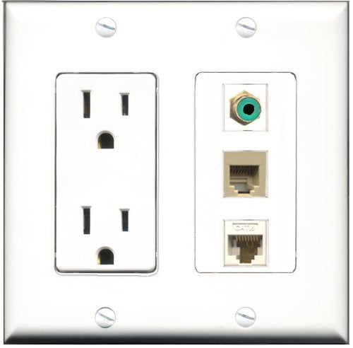 RiteAV - 15 Amp Power Outlet 1 Port RCA Green 1 Port Phone Beige 1 Port Cat6 Ethernet Ethernet White Decorative Wall Plate