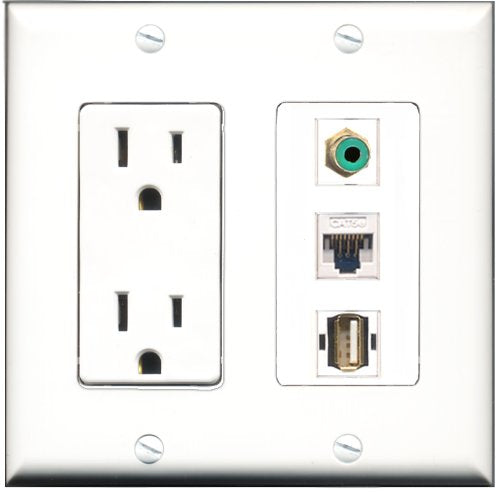 RiteAV - 15 Amp Power Outlet 1 Port RCA Green 1 Port USB A-A 1 Port Cat5e Ethernet White Decorative Wall Plate