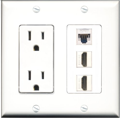 RiteAV - 15 Amp Power Outlet 2 Port HDMI 1 Port Cat5e Ethernet White Decorative Wall Plate