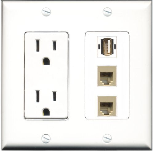RiteAV - 15 Amp Power Outlet 1 Port USB A-A 2 Port Phone Beige Decorative Wall Plate