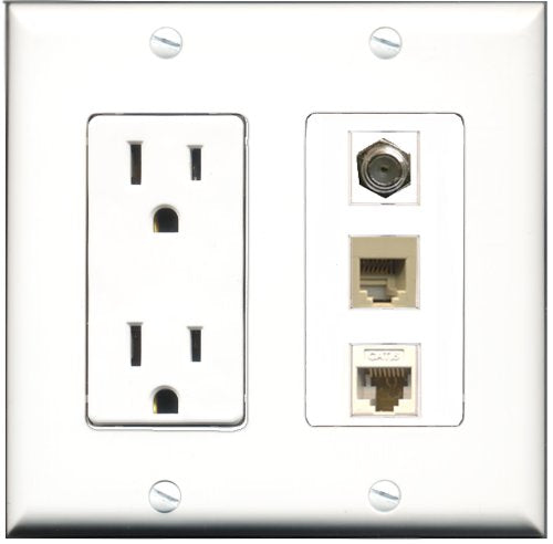RiteAV - 15 Amp Power Outlet 1 Port Coax 1 Port Phone Beige 1 Port Cat6 Ethernet Ethernet White Decorative Wall Plate