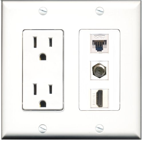 RiteAV - 15 Amp Power Outlet 1 Port HDMI 1 Port Coax 1 Port Cat5e Ethernet White Decorative Wall Plate