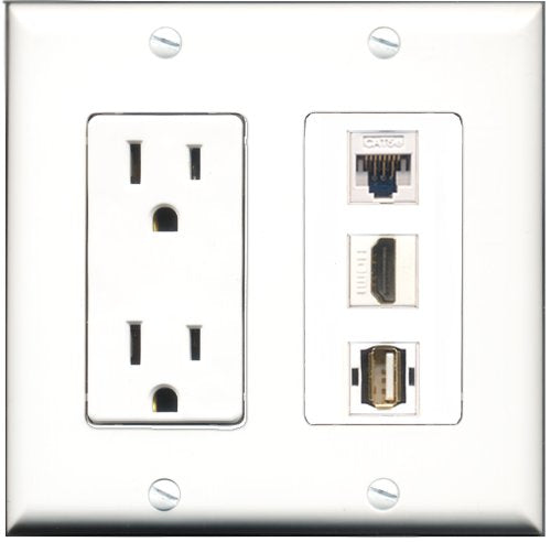 RiteAV - 15 Amp Power Outlet 1 Port HDMI 1 Port USB A-A 1 Port Cat5e Ethernet White Decorative Wall Plate
