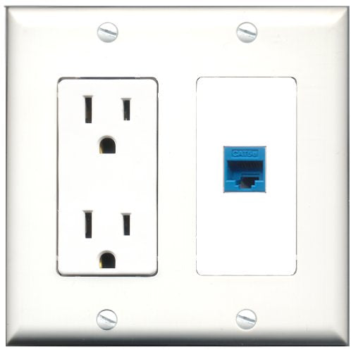 RiteAV - 15 Amp Power Outlet and 1 Port Cat5e Ethernet Blue Decorative Type Wall Plate White