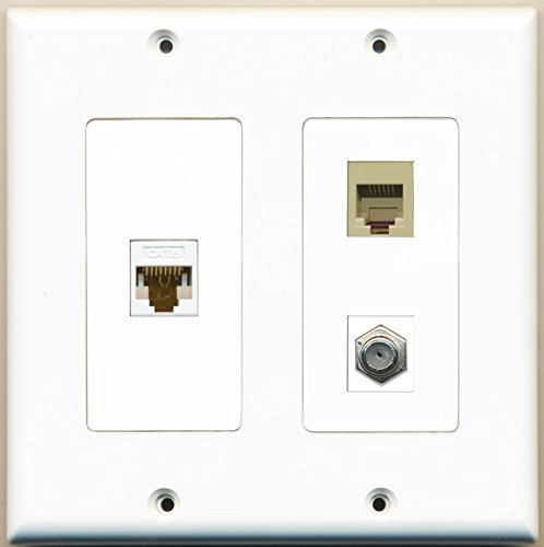 RiteAV - 1 Port Coax Cable TV- F-Type 1 Port Phone RJ11 RJ12 Beige 1 Port Cat6 Ethernet White - 2 Gang Wall Plate