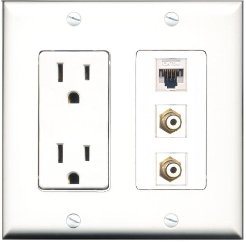 RiteAV - 15 Amp Power Outlet 2 Port RCA White 1 Port Cat5e Ethernet White Decorative Wall Plate