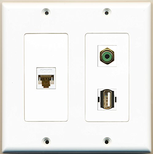 RiteAV - 1 Port RCA Green 1 Port USB A-A 1 Port Cat6 Ethernet White - 2 Gang Wall Plate