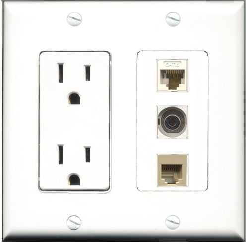 RiteAV - 15 Amp Power Outlet 1 Port Phone Beige 1 Port 3.5mm 1 Port Cat6 Ethernet Ethernet White Decorative Wall Plate