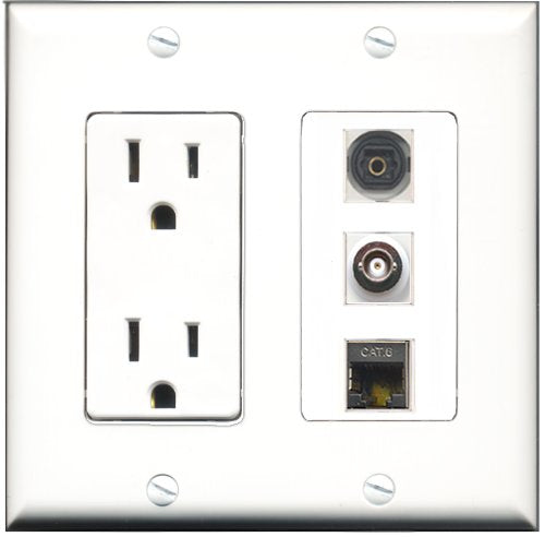 RiteAV - 15 Amp Power Outlet 1 Port Shielded Cat6 Ethernet Ethernet 1 Port Toslink 1 Port BNC Decorative Wall Plate