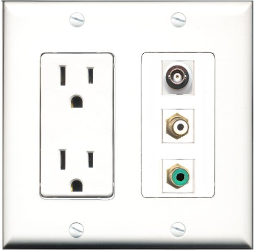 RiteAV - 15 Amp Power Outlet 1 Port RCA White 1 Port RCA Green 1 Port BNC Decorative Wall Plate