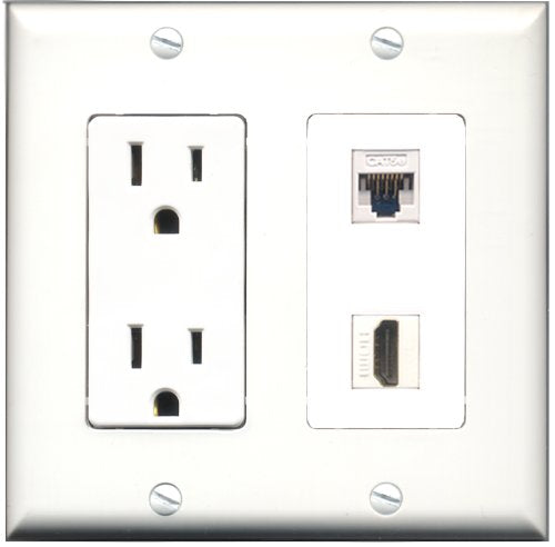 RiteAV - 15 Amp Power Outlet and 1 Port HDMI and 1 Port Cat5e Ethernet White Decorative Type Wall Plate White