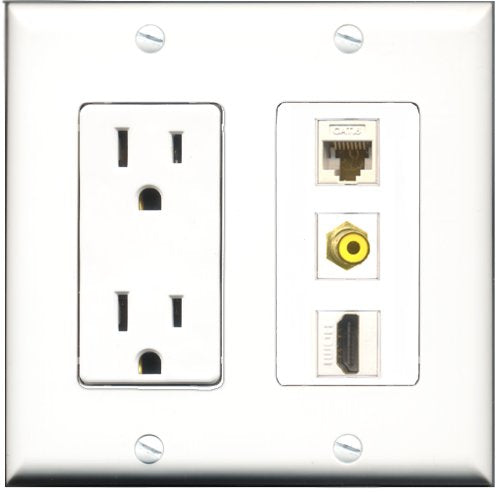 RiteAV - 15 Amp Power Outlet 1 Port HDMI 1 Port RCA Yellow 1 Port Cat6 Ethernet Ethernet White Decorative Wall Plate