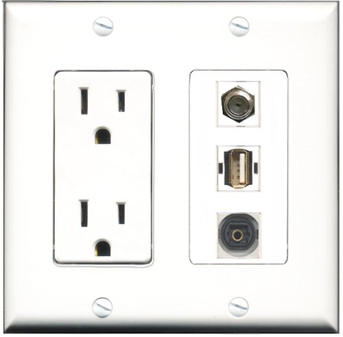 RiteAV - 15 Amp Power Outlet 1 Port Coax 1 Port USB A-A 1 Port Toslink Decorative Wall Plate