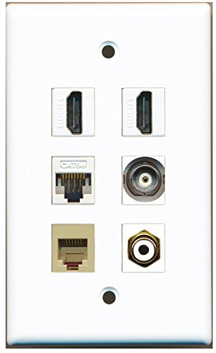RiteAV - 2 HDMI 1 Port RCA White 1 Port Phone RJ11 RJ12 Beige 1 Port BNC 1 Port Cat5e Ethernet White Wall Plate