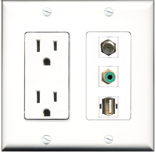RiteAV - 15 Amp Power Outlet 1 Port RCA Green 1 Port Coax 1 Port USB A-A Decorative Wall Plate