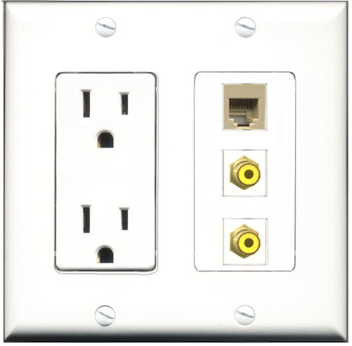 RiteAV - 15 Amp Power Outlet 2 Port RCA Yellow 1 Port Phone Beige Decorative Wall Plate