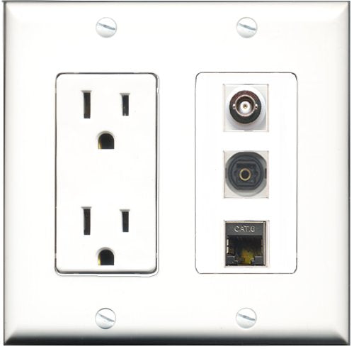 RiteAV - 15 Amp Power Outlet 1 Port Shielded Cat6 Ethernet Ethernet 1 Port Toslink 1 Port BNC Decorative Wall Plate