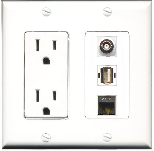 RiteAV - 15 Amp Power Outlet 1 Port USB A-A 1 Port Shielded Cat6 Ethernet Ethernet 1 Port BNC Decorative Wall Plate