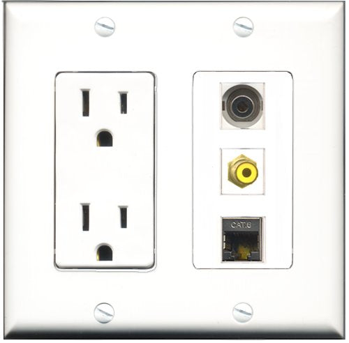 RiteAV - 15 Amp Power Outlet 1 Port RCA Yellow 1 Port Shielded Cat6 Ethernet Ethernet 1 Port 3.5mm Decorative Wall Plate