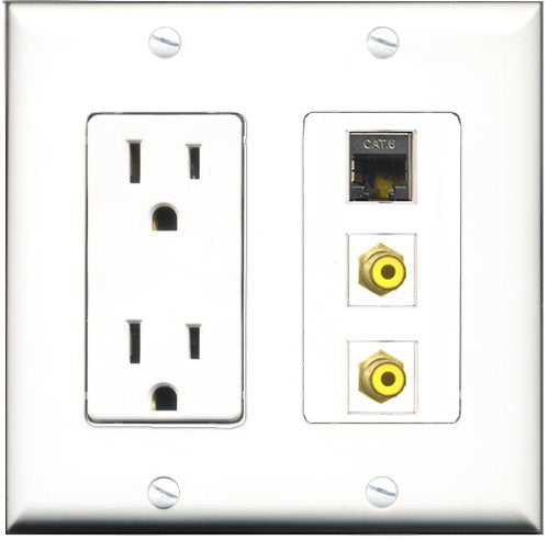 RiteAV - 15 Amp Power Outlet 2 Port RCA Yellow 1 Port Shielded Cat6 Ethernet Ethernet Decorative Wall Plate
