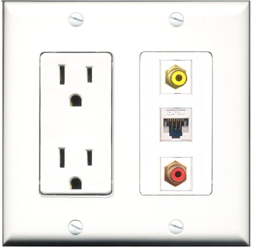 RiteAV - 15 Amp Power Outlet 1 Port RCA Red 1 Port RCA Yellow 1 Port Cat5e Ethernet White Decorative Wall Plate