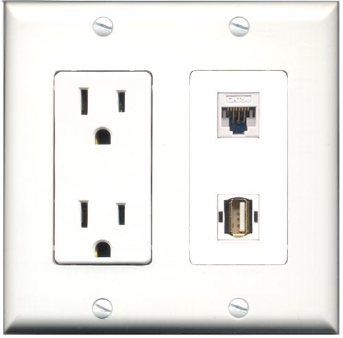 RiteAV - 15 Amp Power Outlet and 1 Port USB A-A and 1 Port Cat5e Ethernet White Decorative Type Wall Plate White