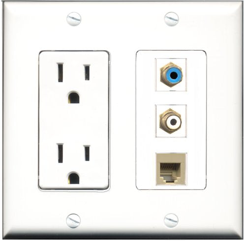 RiteAV - 15 Amp Power Outlet 1 Port RCA White 1 Port RCA Blue 1 Port Phone Beige Decorative Wall Plate