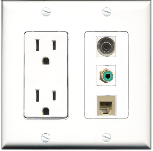RiteAV - 15 Amp Power Outlet 1 Port RCA Green 1 Port Phone Beige 1 Port 3.5mm Decorative Wall Plate
