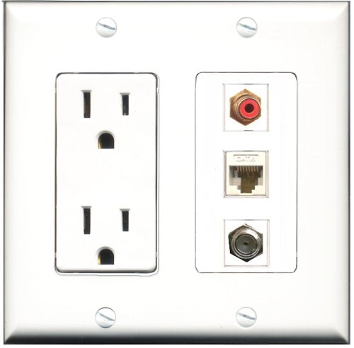 RiteAV - 15 Amp Power Outlet 1 Port RCA Red 1 Port Coax 1 Port Cat6 Ethernet Ethernet White Decorative Wall Plate