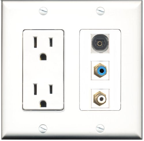 RiteAV - 15 Amp Power Outlet 1 Port RCA White 1 Port RCA Blue 1 Port Toslink Decorative Wall Plate