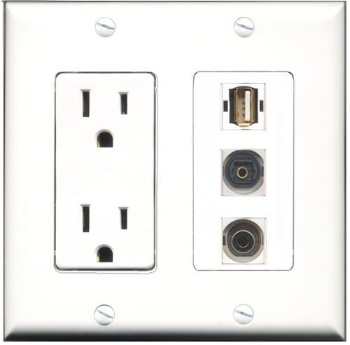 RiteAV - 15 Amp Power Outlet 1 Port USB A-A 1 Port Toslink 1 Port 3.5mm Decorative Wall Plate