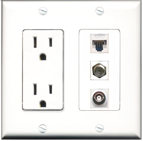 RiteAV - 15 Amp Power Outlet 1 Port Coax 1 Port BNC 1 Port Cat5e Ethernet White Decorative Wall Plate