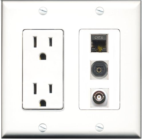 RiteAV - 15 Amp Power Outlet 1 Port Shielded Cat6 Ethernet Ethernet 1 Port Toslink 1 Port BNC Decorative Wall Plate