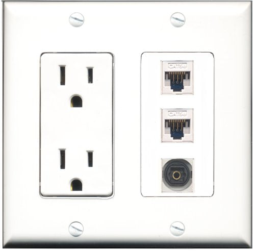 RiteAV - 15 Amp Power Outlet 1 Port Toslink 2 Port Cat5e Ethernet White Decorative Wall Plate