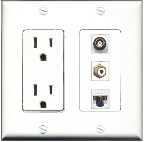 RiteAV - 15 Amp Power Outlet 1 Port RCA White 1 Port BNC 1 Port Cat5e Ethernet White Decorative Wall Plate