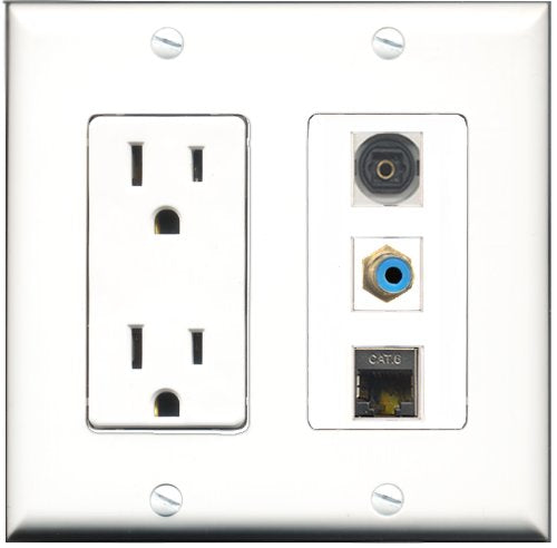 RiteAV - 15 Amp Power Outlet 1 Port RCA Blue 1 Port Shielded Cat6 Ethernet Ethernet 1 Port Toslink Decorative Wall Plate